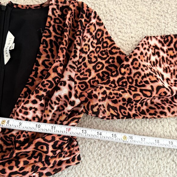 Ranna Gill Dress Leopard Print Puff Sleeve Cutout Deep V Midi Animal Print - Picture 4 of 11